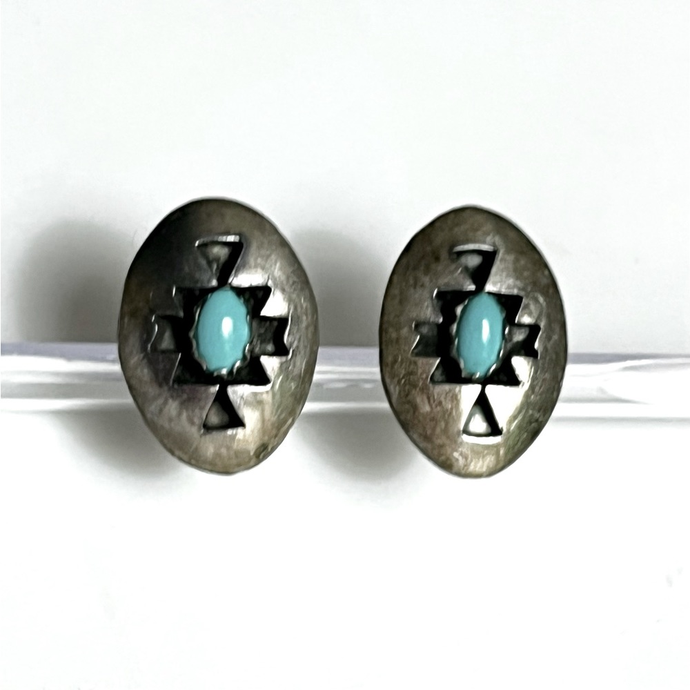 Navajo, Vintage Old Pawn Sterling Silver Shadow Box Turquoise Earrings